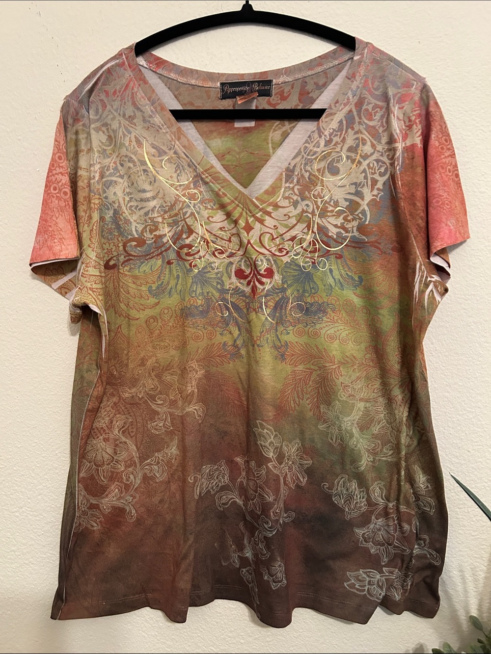 Appropriate Behavior Women’s V-Neck Short Sleeve Tee — Multicolor Ornate Print